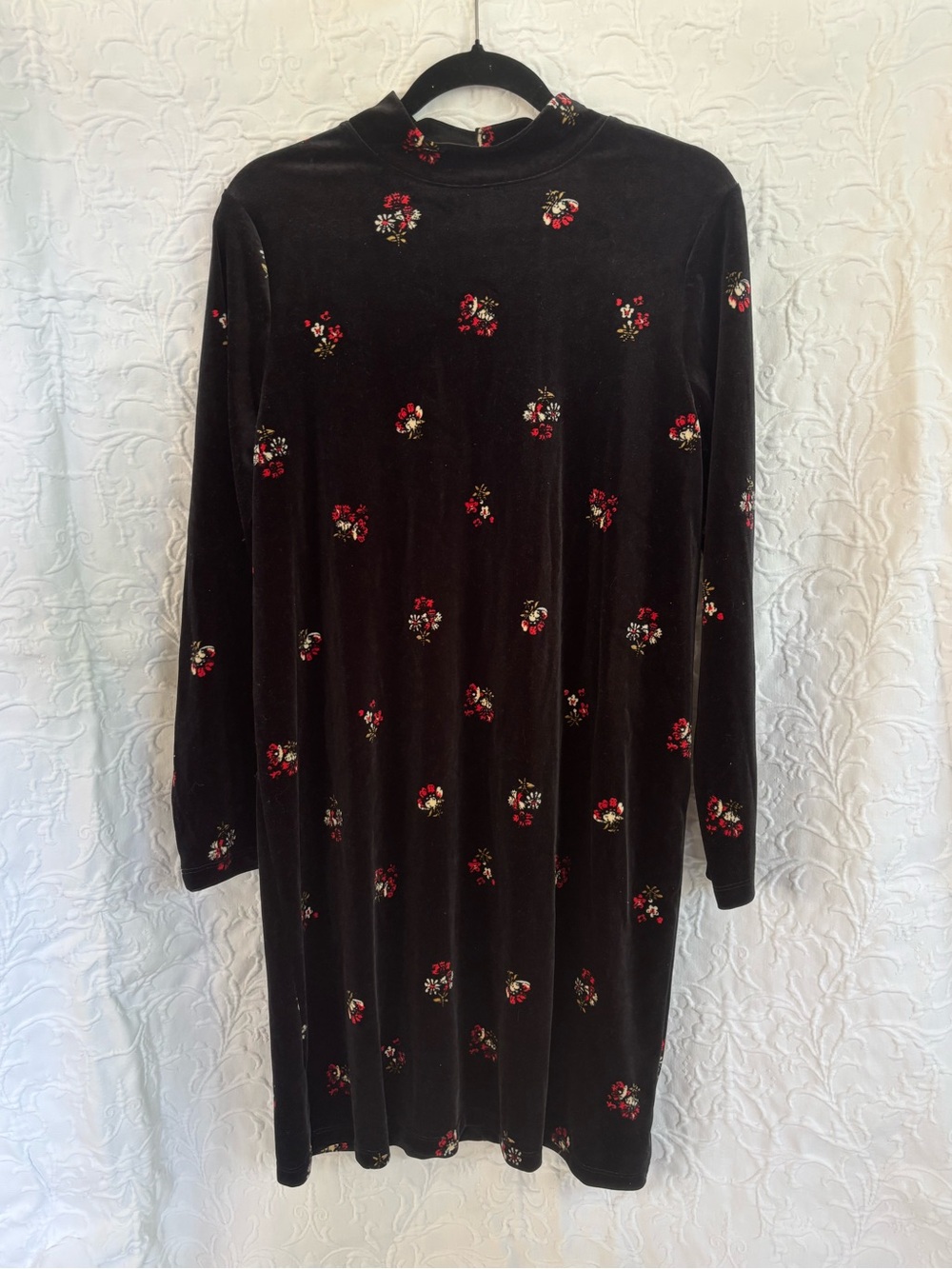 LOFT Black Velvet Long-Sleeve Floral Mock Neck Dress